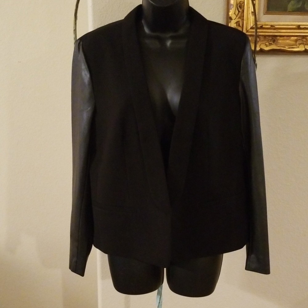 LOFT Black Blazer with Faux Leather Sleeves